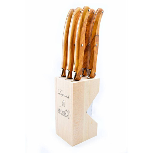 Andre Verdier Steak Knife Set With Wooden Stand, Set of 6 - Olive Wood